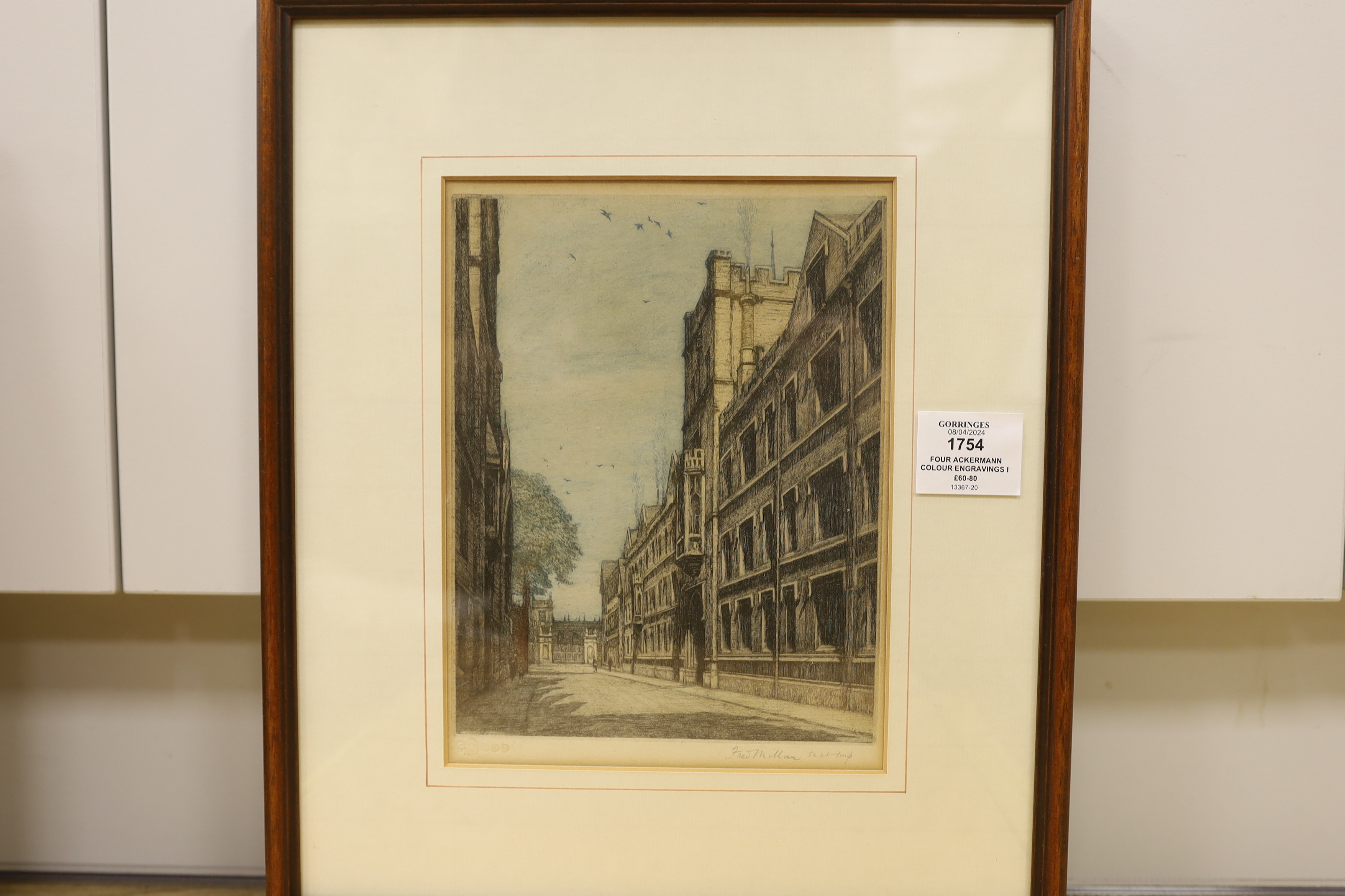 Four Ackermann colour engravings including E. Clarendon Printing House and Bradcliffe Library, together with another colour engraving and one other by Fred Millar, signed in pencil, largest 24 x 30cm (6)